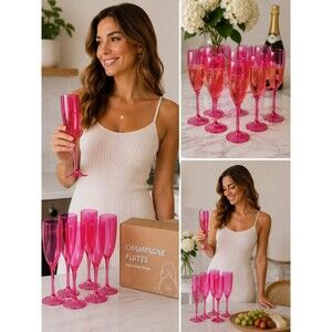 XUANSIGN Hot Pink Plastic Champagne Flutes Set of 7 Reusable Party Toast Glasses